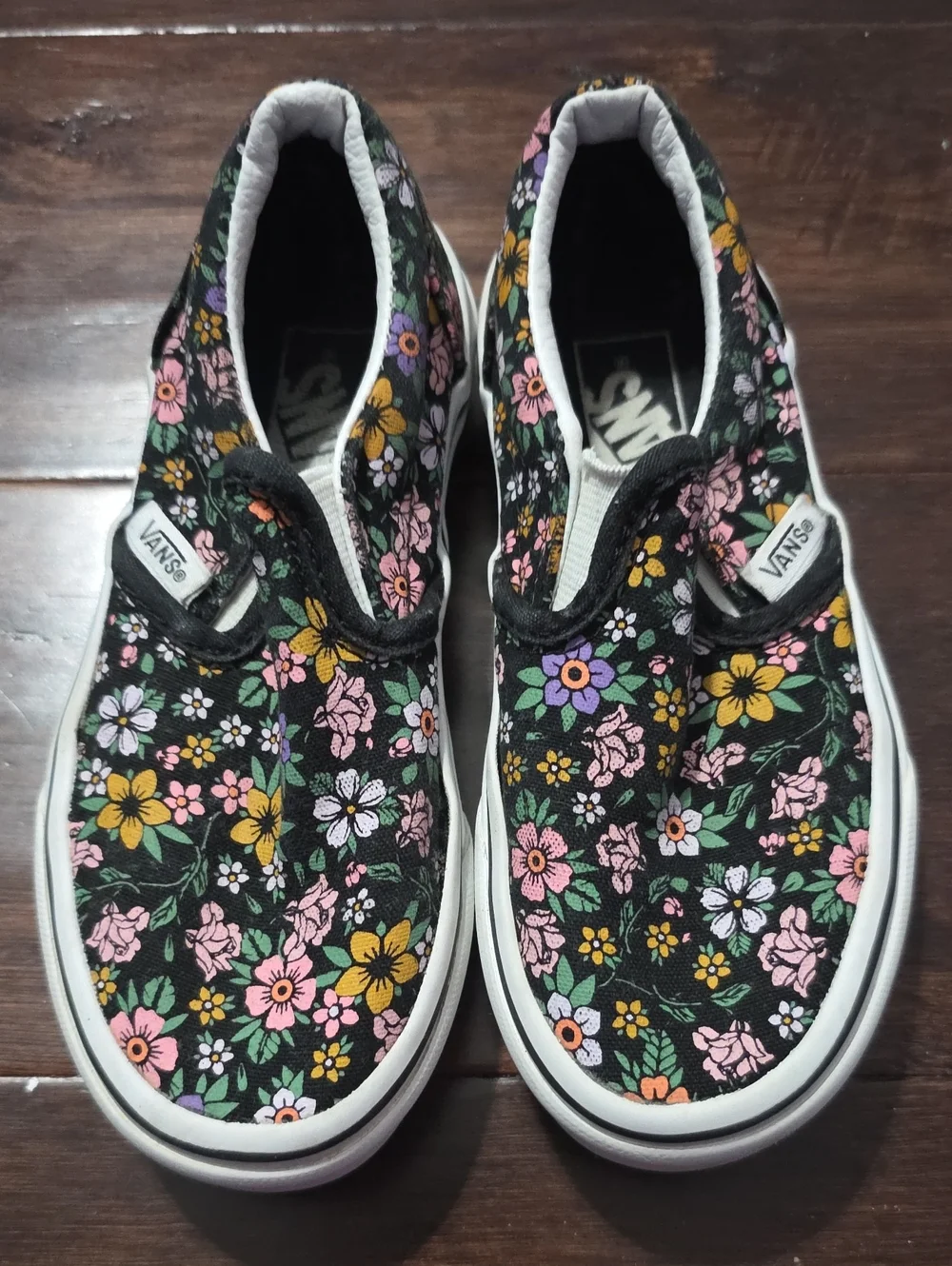 Vans Kids Black Floral Slip-On Sneakers with Pink & Yellow Flowers